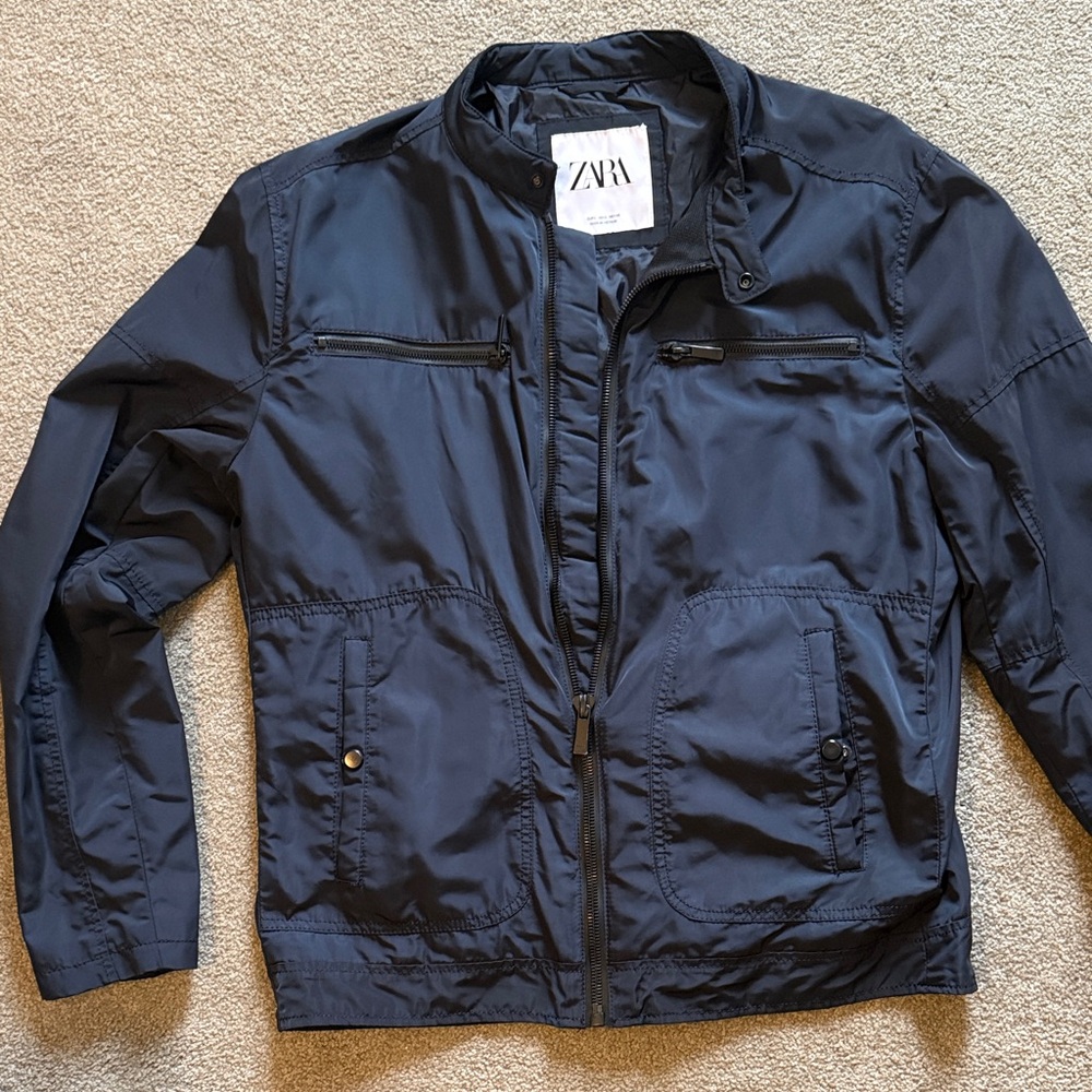 Zara Men's Blue Bomber Jacket - Large